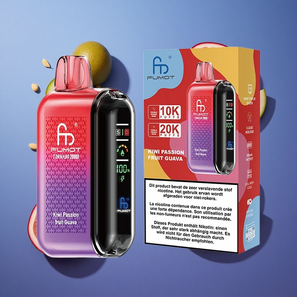 Kiwi Frutto della Passione Guava Fumot Tornado 20000 Puffs Doppia Bobina Mesh Italia vape